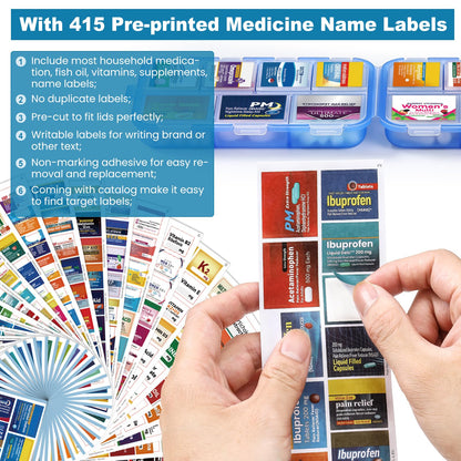 14 Grids Travel Pill Organizer Box with 415-Pcs Medicine Name Labels - Pocket Daily Pharmacy Case Container Kit - Travel Medication Holder Dispenser for Fish Oil Vitamin Supplement Storage -Clear Blue