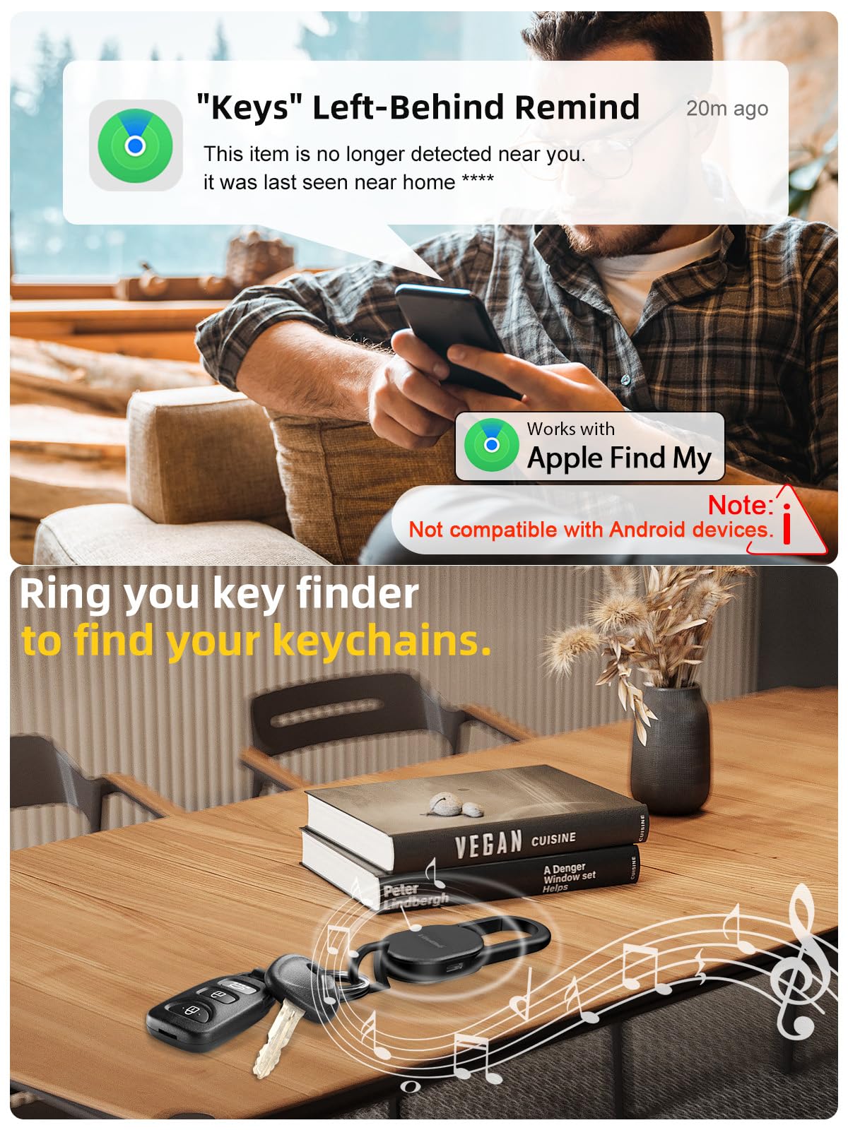 Keychain, Key Finder Built-in Anti-Loss Tracker, Heavy Duty Key Holder, Premium Stainless Steel Keychain Carabiner Car Key Chains with GPS Global Locator Tracking Waterproof (Black)