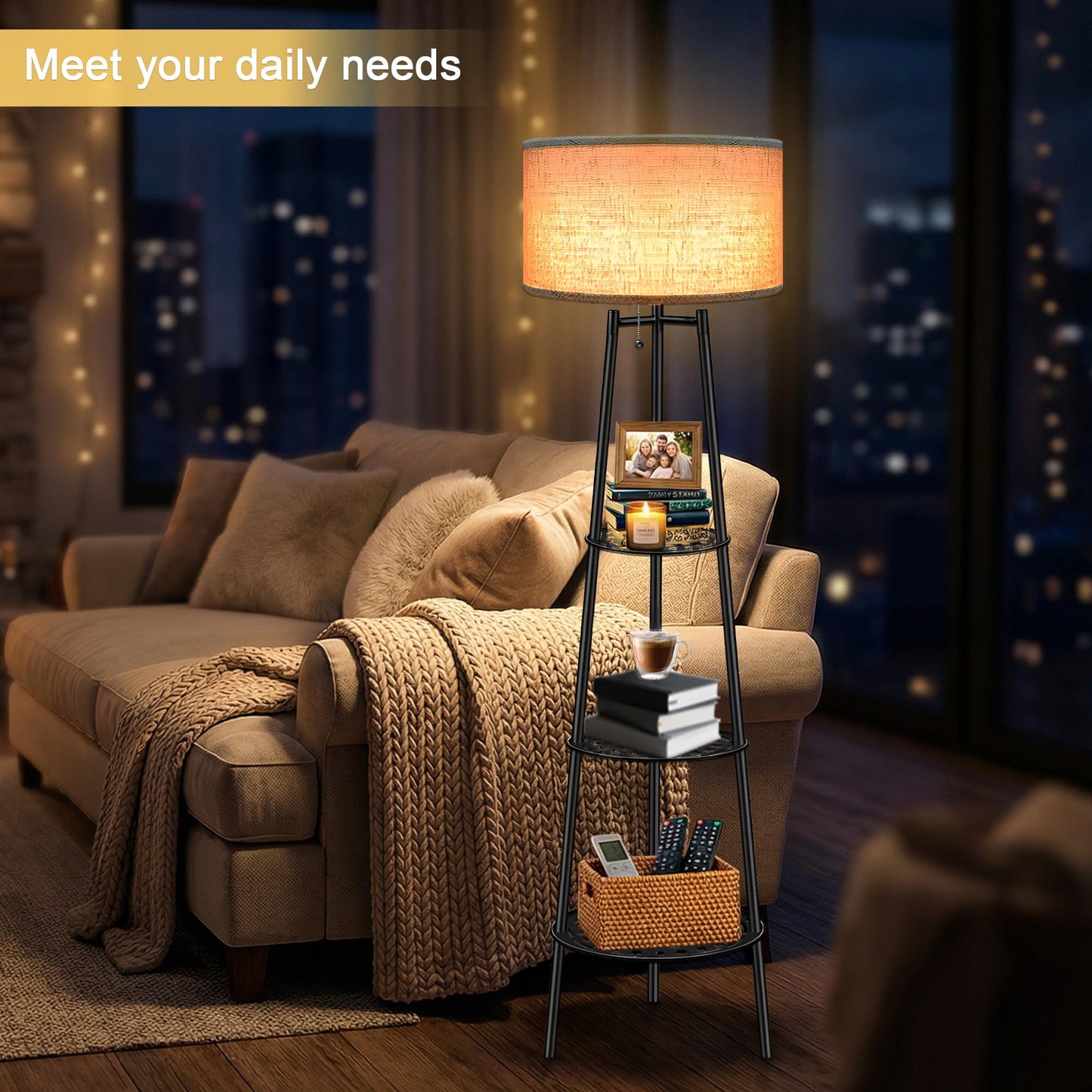 ZQQLITE Floor Lamp with Shelves for Living Room， Standing Lamp，Tall Lamp， Amparas Elegantes para Sala with Linen Shade，Modern Floor Lamp for Living Room，Bedroom or Office（Black ）
