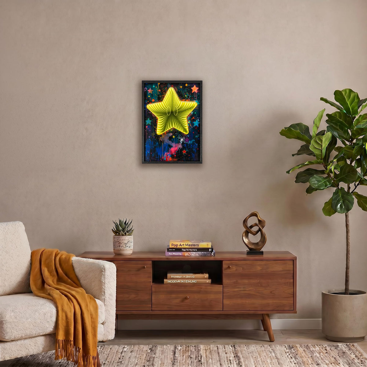 Framed Graffiti Star Wall Decor with Infinity Mirror Light, 3D LED Dimmable Retro Setup Gaming Wall Decor, Poster Artwork Theme Wall Art, for Bedroom Living Room Office Game Room Decor 12x16 Inch