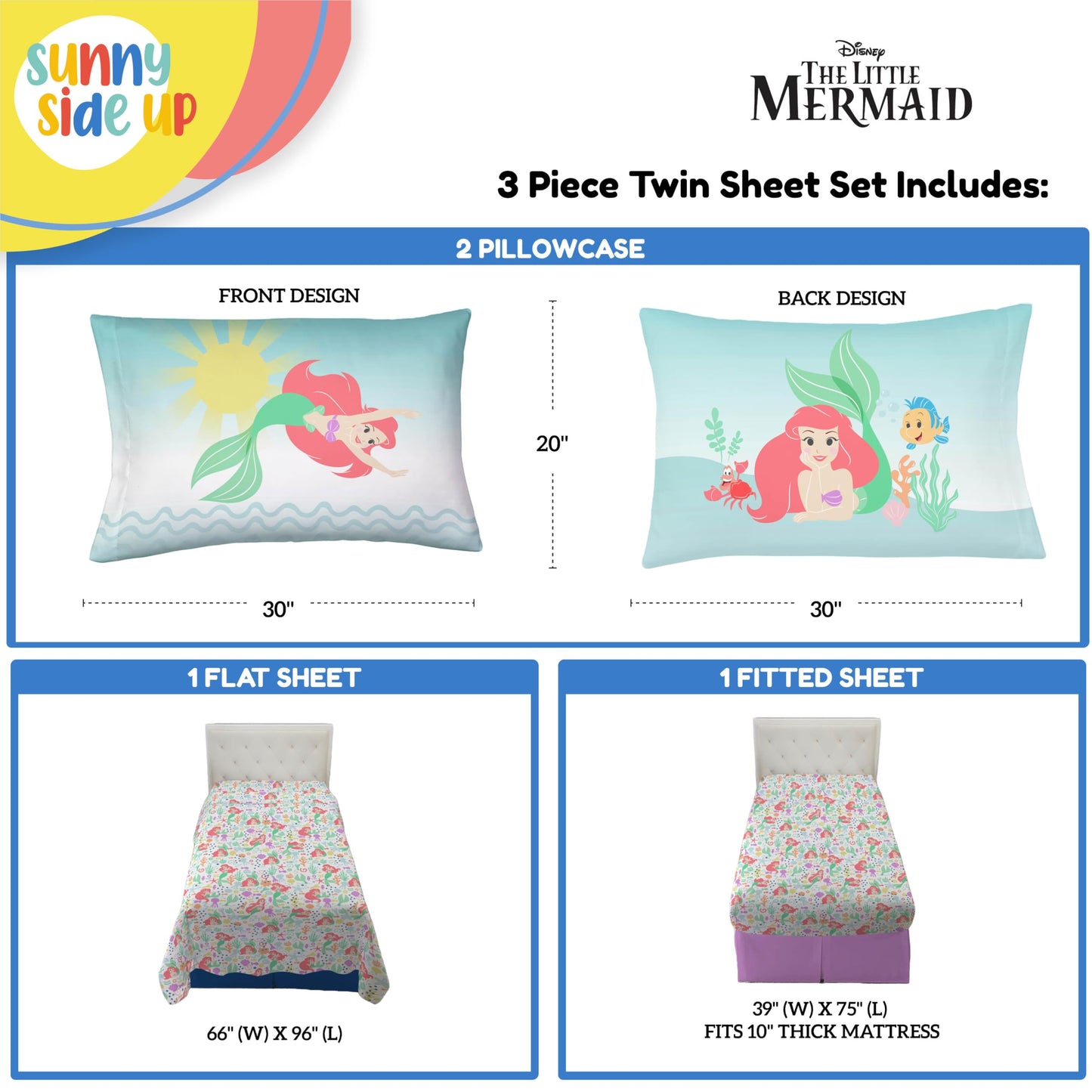 Sunny Side Up Disney The Little Mermaid Twin Sheet Set - 3 Piece Kids Bedding Set Includes Pillow Cover - Super Soft Ariel Microfiber Sheets