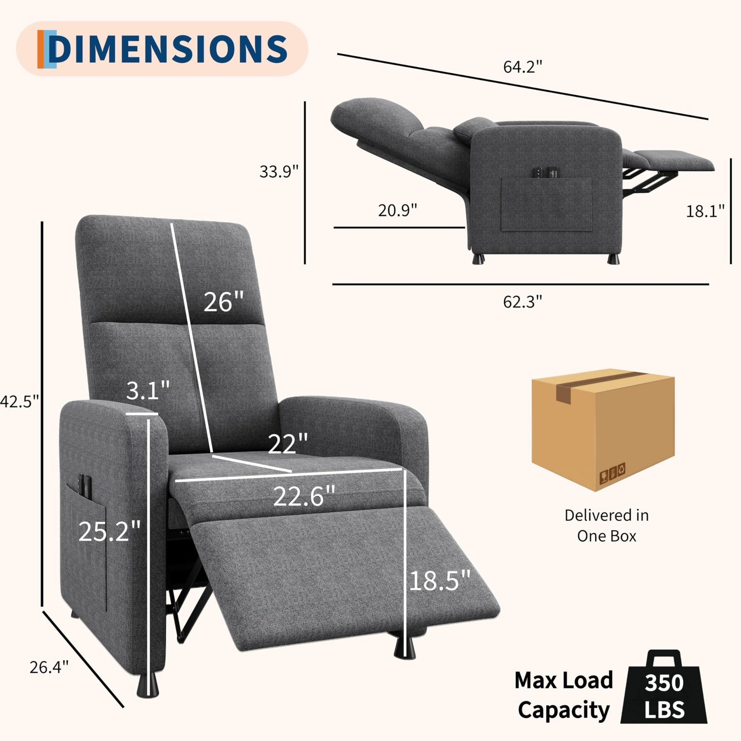 Power Recliner Chair, Adjustable Electric Reclining Chair for Adults, Overstuffed Tall Back Sofa with Padded Seat, 2 Side Pockets & USB Port, Home Theater Seating for Living Room - Gray