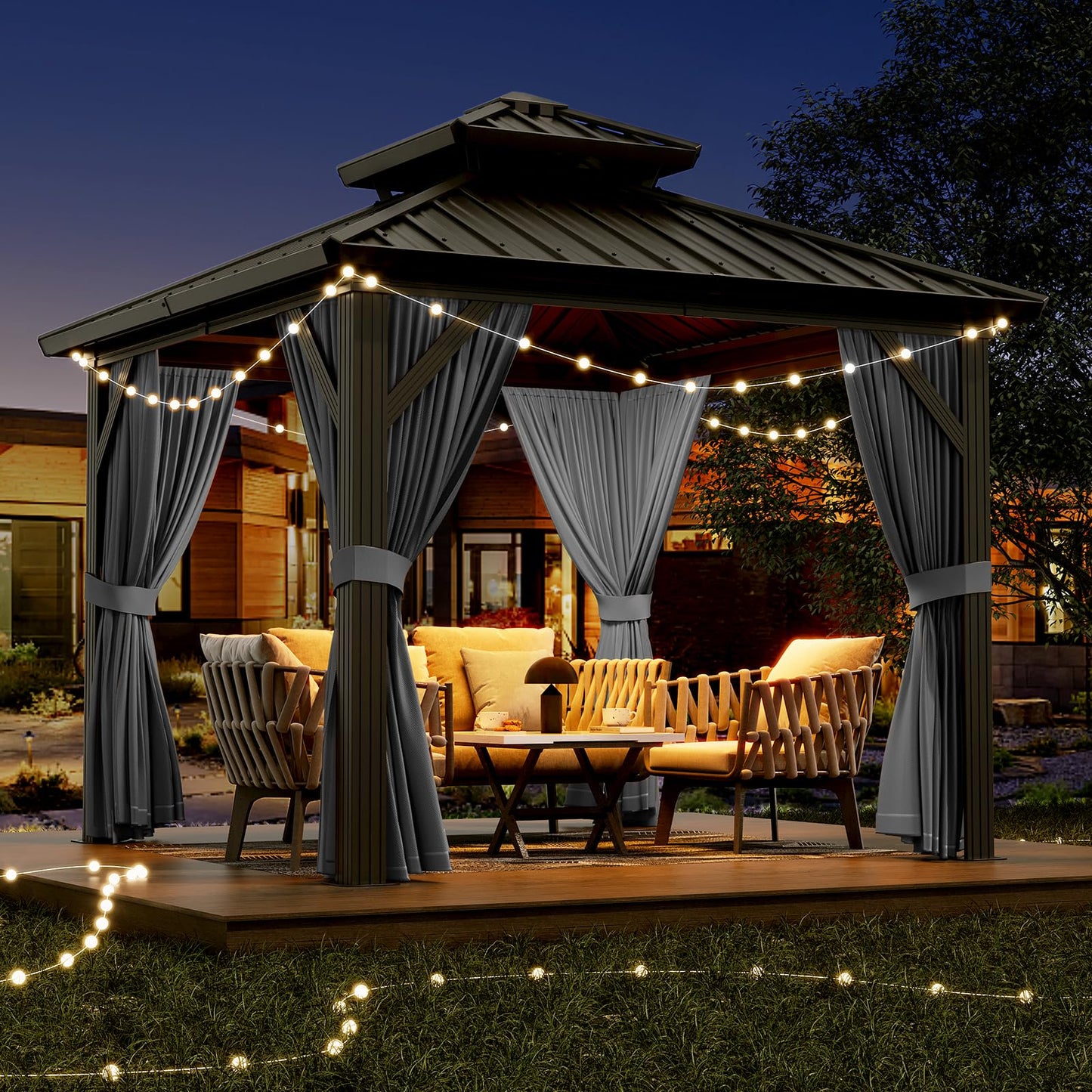 GAOMON 10x10ft Gazebo, Hardtop Double Roof Canopy with Netting and Curtains, Outdoor Gazebo Galvanized Iron Aluminum Frame Garden Tent for Patio, Backyard, Deck, Lawns (Gray)