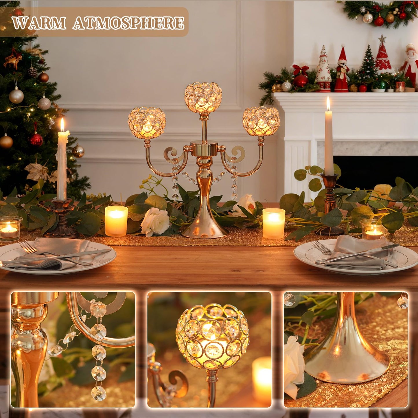 3-Arm Gold Metal Candelabra with Crystal Bowls, Tealight Holder Centerpiece for Birthday, Dining Table, Party Decor, Christmas and Home Decoration (6, Gold)