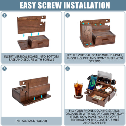 Parkway Home Wood Phone Docking Station with Drawer, Compatible with Apple Watch - Wood Charging Station Organizer Stand, Bedside Nightstand Organizer for Men, Holds Phone, Tablet, Keys, Glasses, EDC