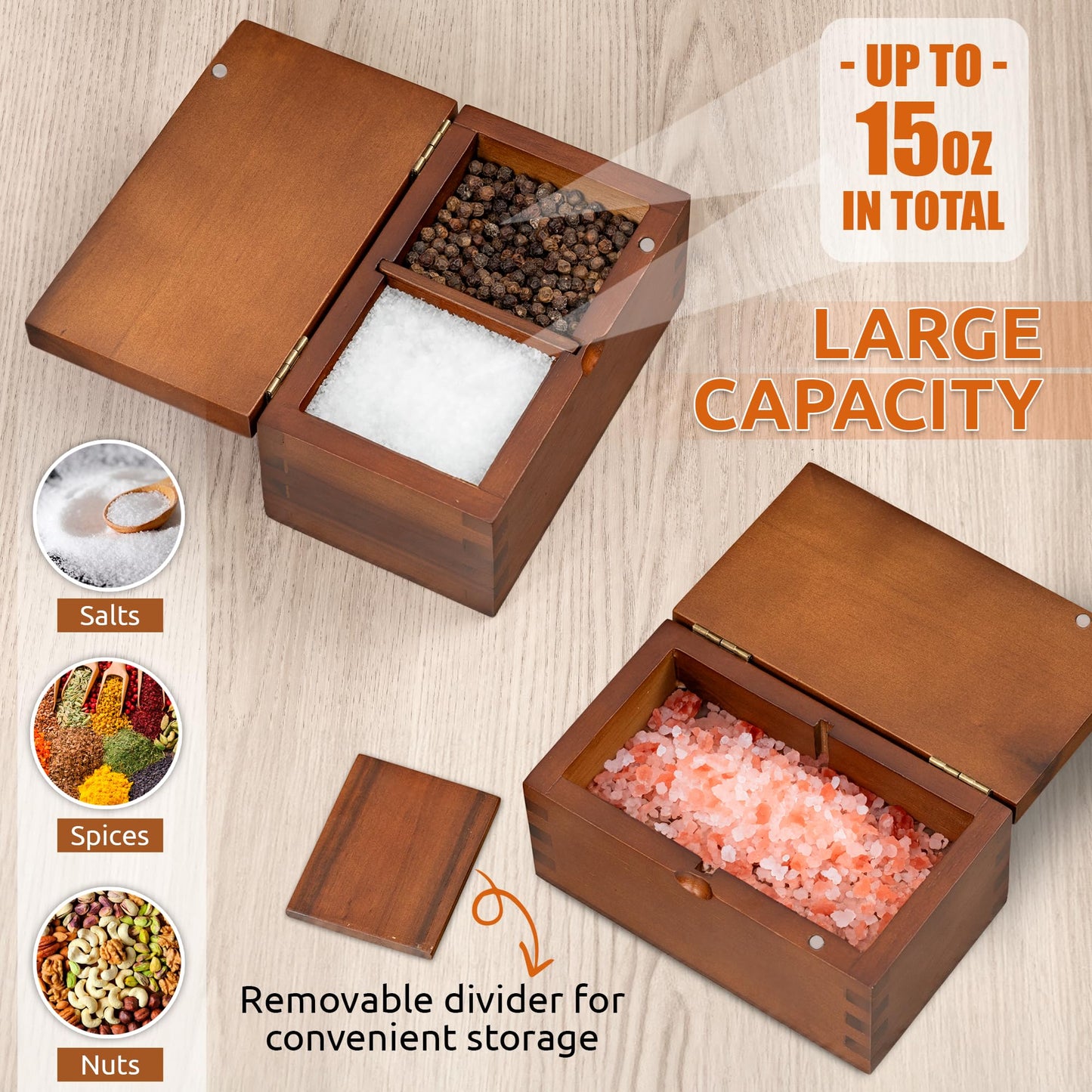 Demigo Salt Cellar Acacia Wood Salt Box with Flip Lid, 5.6x3.6x3 Inches 20 oz Large Storage Space, Perfect Container for Keeping Salt, Spice, Herbs or Favorite Seasonings (Dark Brown)
