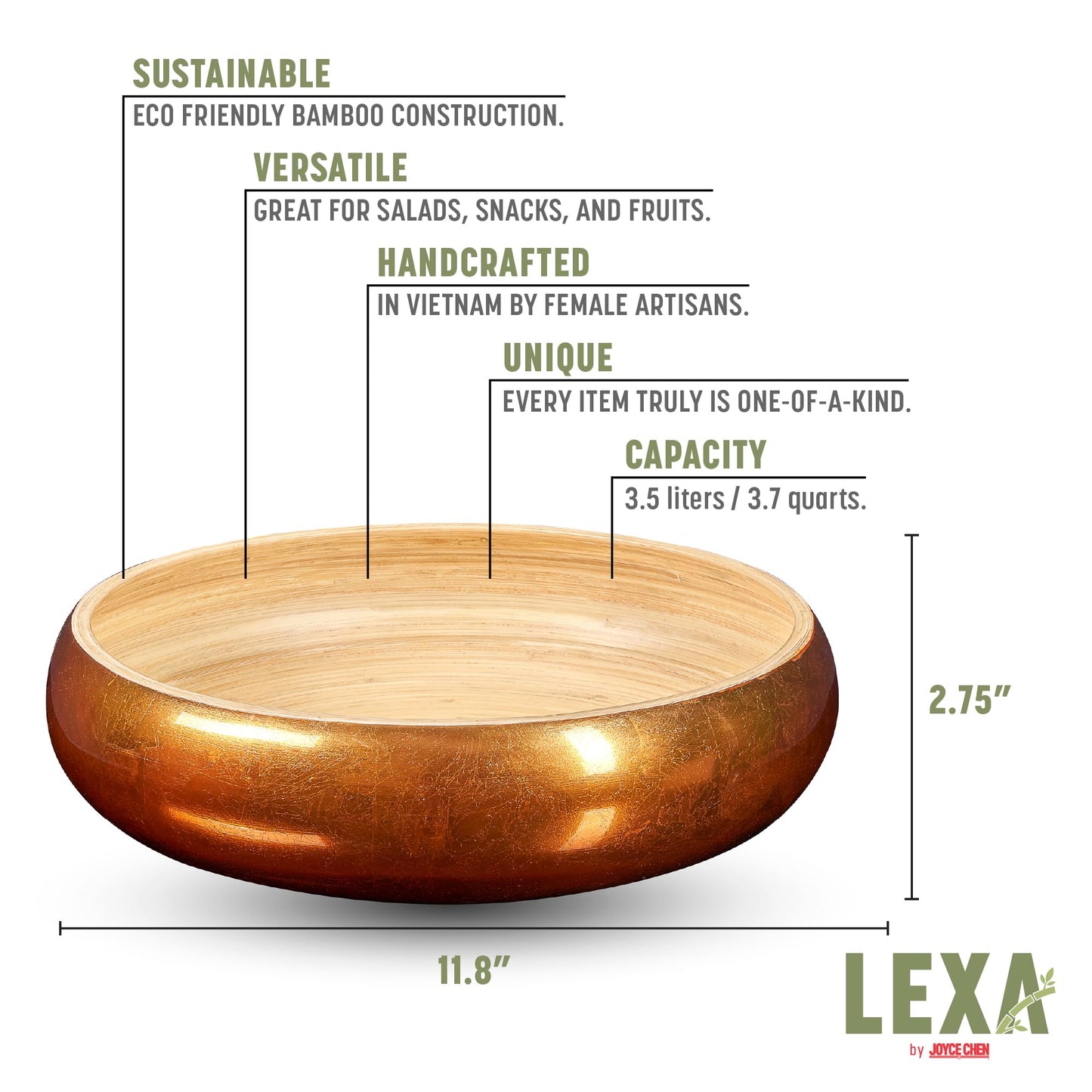 LEXA 12" Handmade Copper Bamboo Wooden Fruit Bowl for Kitchen Counter - 130 oz Lightweight Large Bamboo Wood Salad Bowl