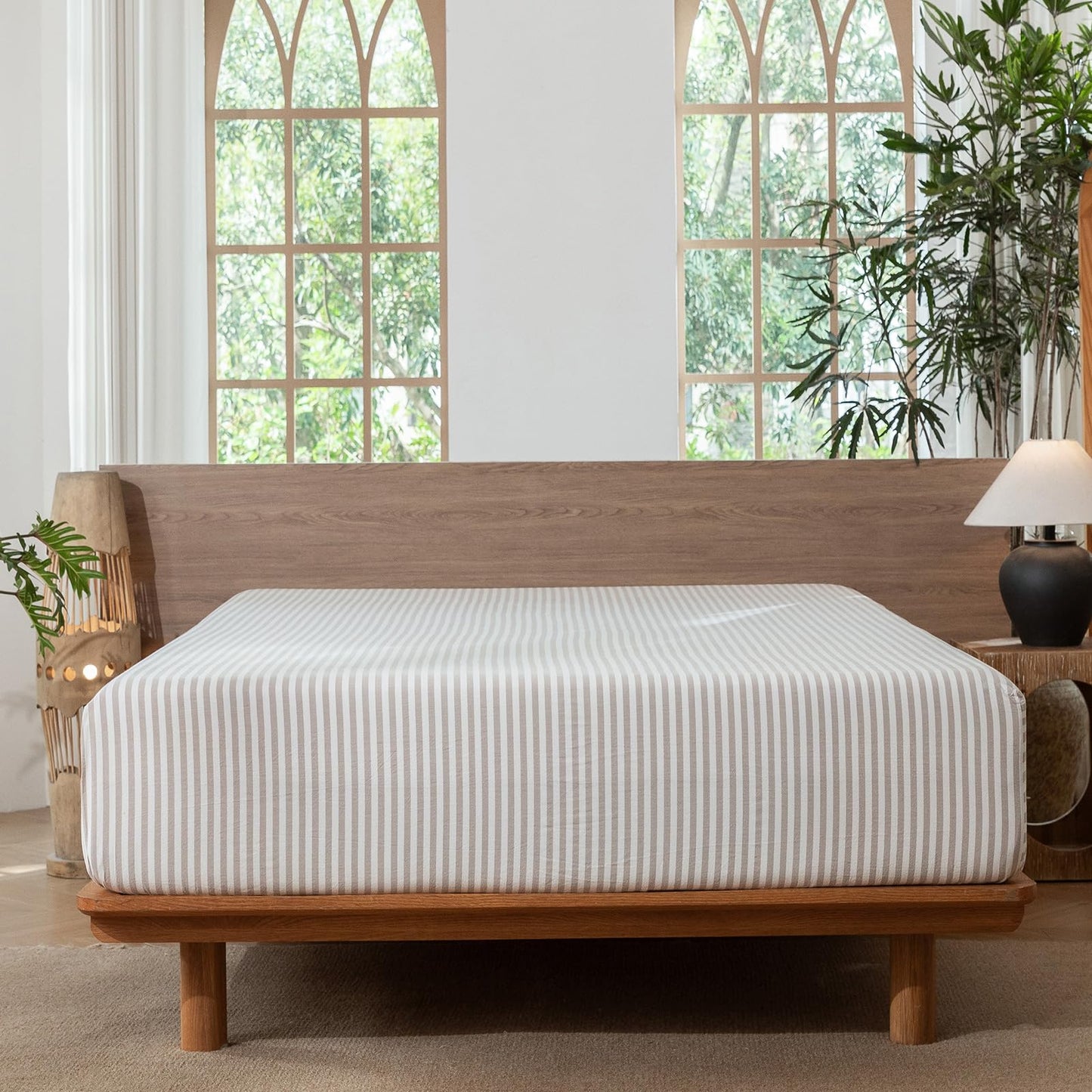 MooMee Striped Fitted Bottom Sheet Only 100% Washed Cotton Linen Like Textured Breathable Durable Soft Comfy Deep Pocket Fits Mattress up to 17" (Tannish Linen Grey White Classic Stripes, Queen)