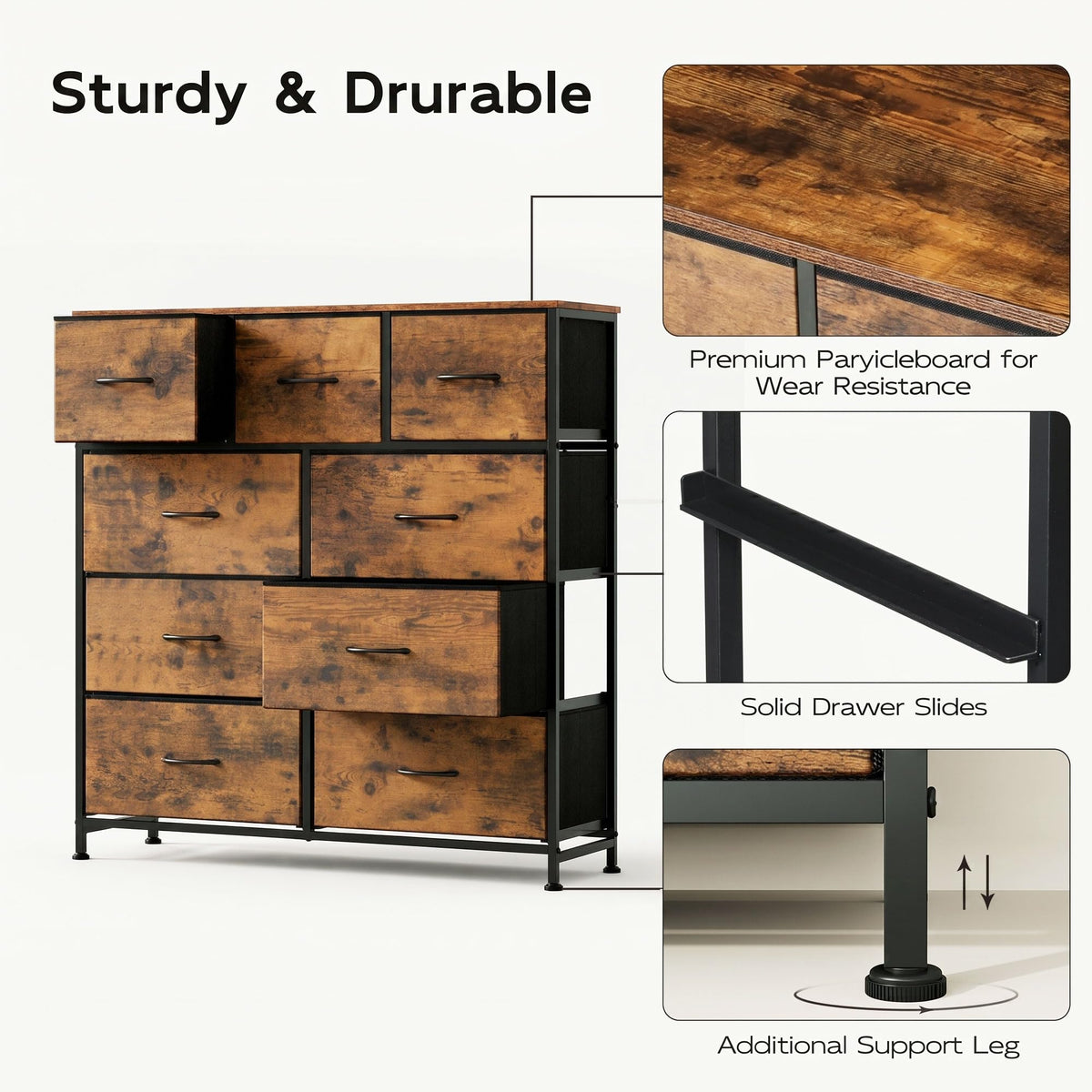 WLIVE 9-Drawer Dresser, Fabric Storage Tower for Bedroom, Hallway, Entryway, Closet, Tall Chest Organizer Unit with Fabric Bins, Steel Frame, Wood Top, Easy Pull Handle, Rustic Brown Wood Grain Print