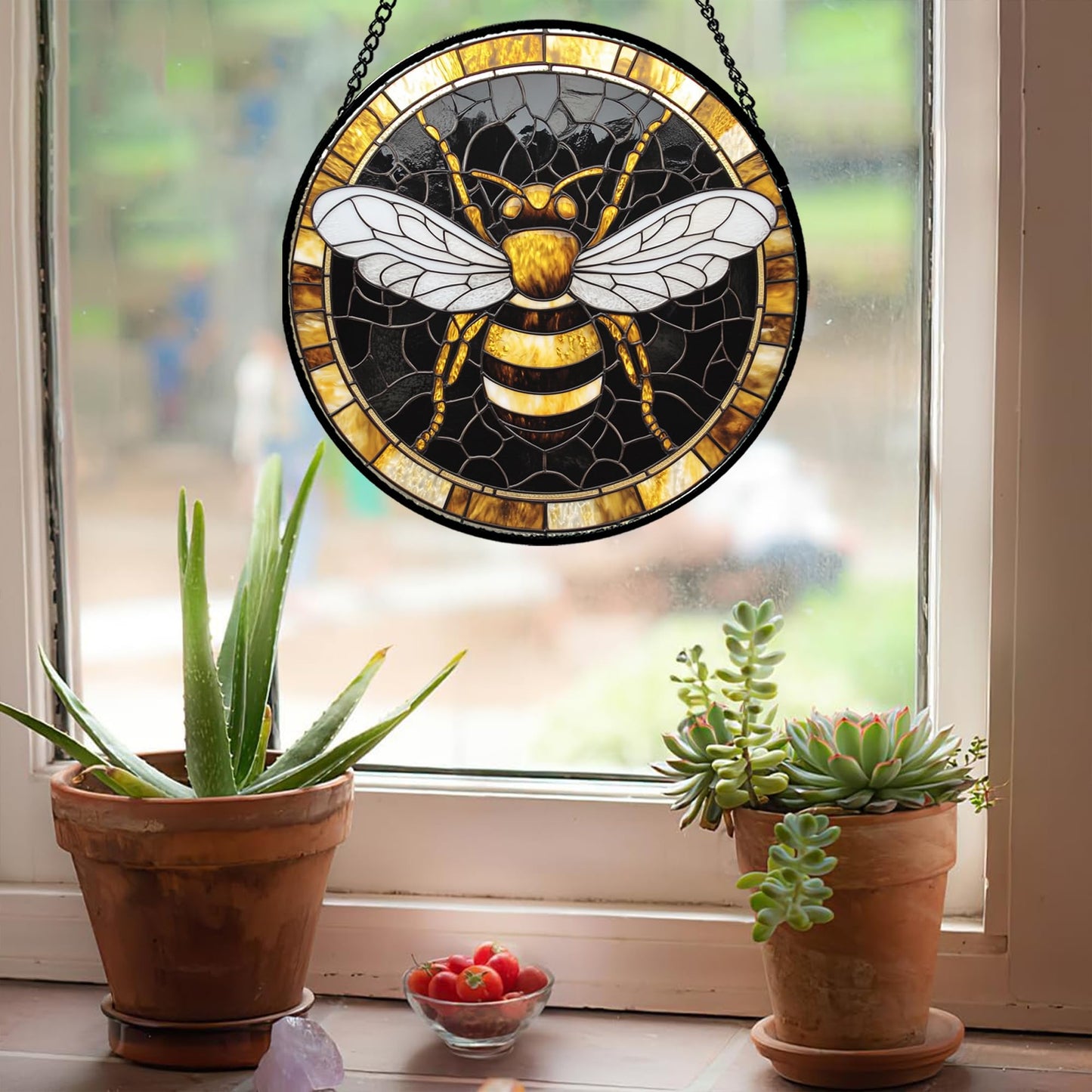 AMDERVEN Stained Glass Window Hanging - Black Gold Bee White Wings Sun Catcher for Door Home Decor Insect Suncatcher Christmas Mother's Day Birthday Gifts for Women Men Lovers Mom Nana 15 in