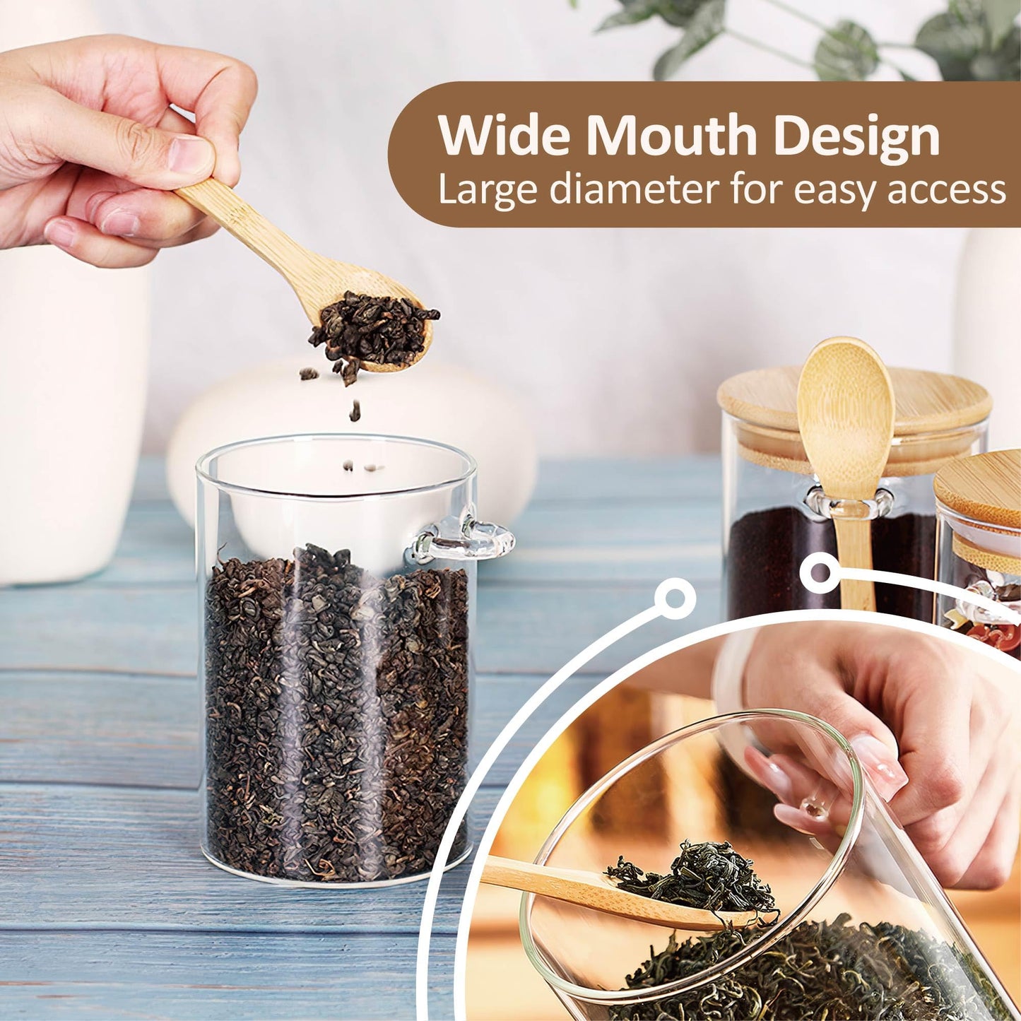 MOLADRI 15 oz/450 ml Glass Storage Canister with with Airtight Lid, Cute Clear Decorative Container Jar with Wooden Spoon for Coffee Spice Candy Salt Cookie Condiment Sugar Matcha Tea Overnight Oats