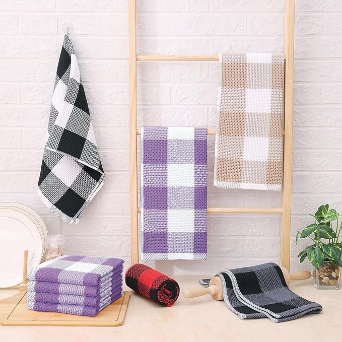 Homaxy 100% Cotton Waffle Weave Check Plaid Kitchen Towels, 13 x 28 Inches