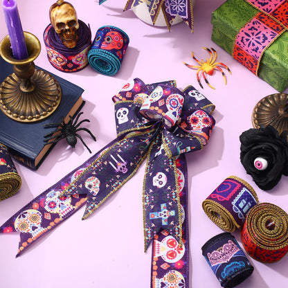 6 Rolls 30 Yards Days of The Dead Ribbons 2'' Mexican Dia De Los Meurtos Ribbon Wired Edge Sugar Skull Papel Picado Skeleton for Wreath Bows DIY Craft Gift Wrapping Halloween Mexican Party Supplies