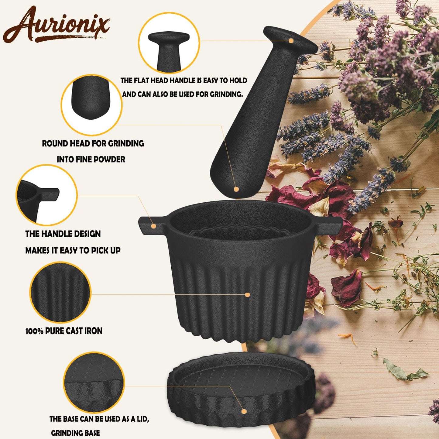 Aurionix Cast Iron Mortar and Pestle & Garlic Grater Plate Set, Guacamole Bowl and Masher with Bonus Brush/Spoon, Small Mortar and Pestle Set 3-in-1 Crushing Smasher for Kitchen Spices and Pesto