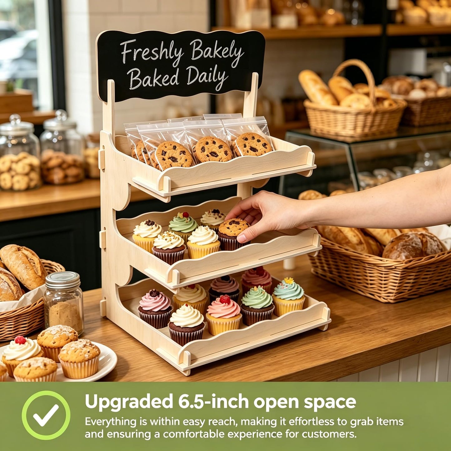3-Tier Cookie Display Stand with Extra Tall 6.5” Between Tiers – Wooden Cookie Stand with Chalkboard Sign for Vendors, Bakers, Market & Craft Fairs – Holds More Cookies, Cupcakes, Muffins, Pastries