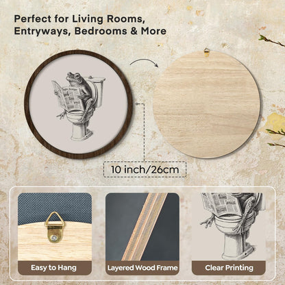 VONTP Funny Bathroom Frog Round Wall Art Decor, Retro Frog on Toilet Reading Newspaper, Unique Cute Animal black and white for Bathroom Washroom Restroom Decor, 10x10 Inch