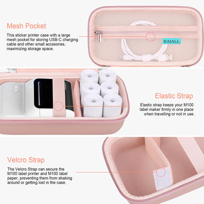 RAIALL Carrying Case for NelkoGlobal M100 Label Maker, NelkoGlobal M100 Inkless Thermal Bluetooth Label Printer Bag, Handheld Barcode Labeler Storage Holder, Pocket Fits Label Paper, Rose Gold