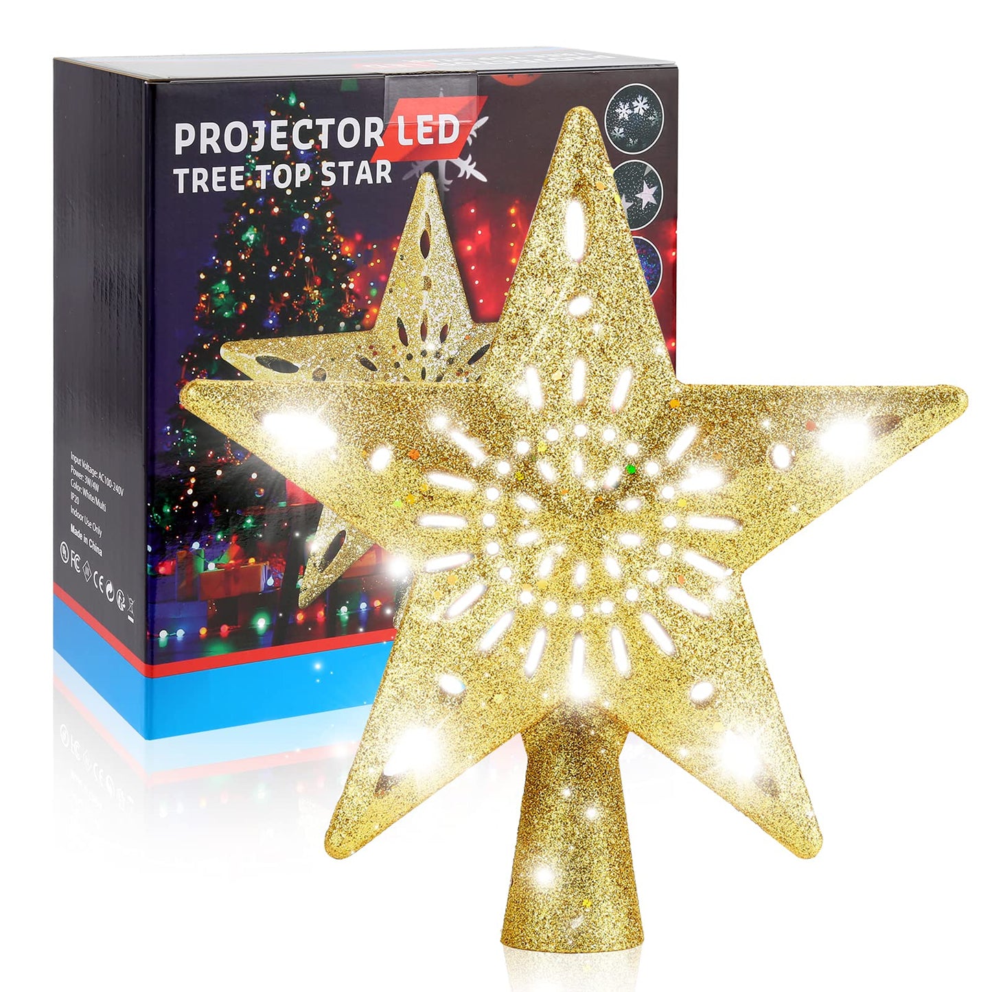 Christmas Tree Topper Star Lighted with Rotating Snowflake LED Projector, Gold Star 3D Glittered Christmas Xmas Tree Decorations Projector Angle Adjustable