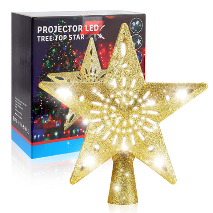 Christmas Tree Topper Star Lighted with Rotating Snowflake LED Projector, Gold Star 3D Glittered Christmas Xmas Tree Decorations Projector Angle Adjustable