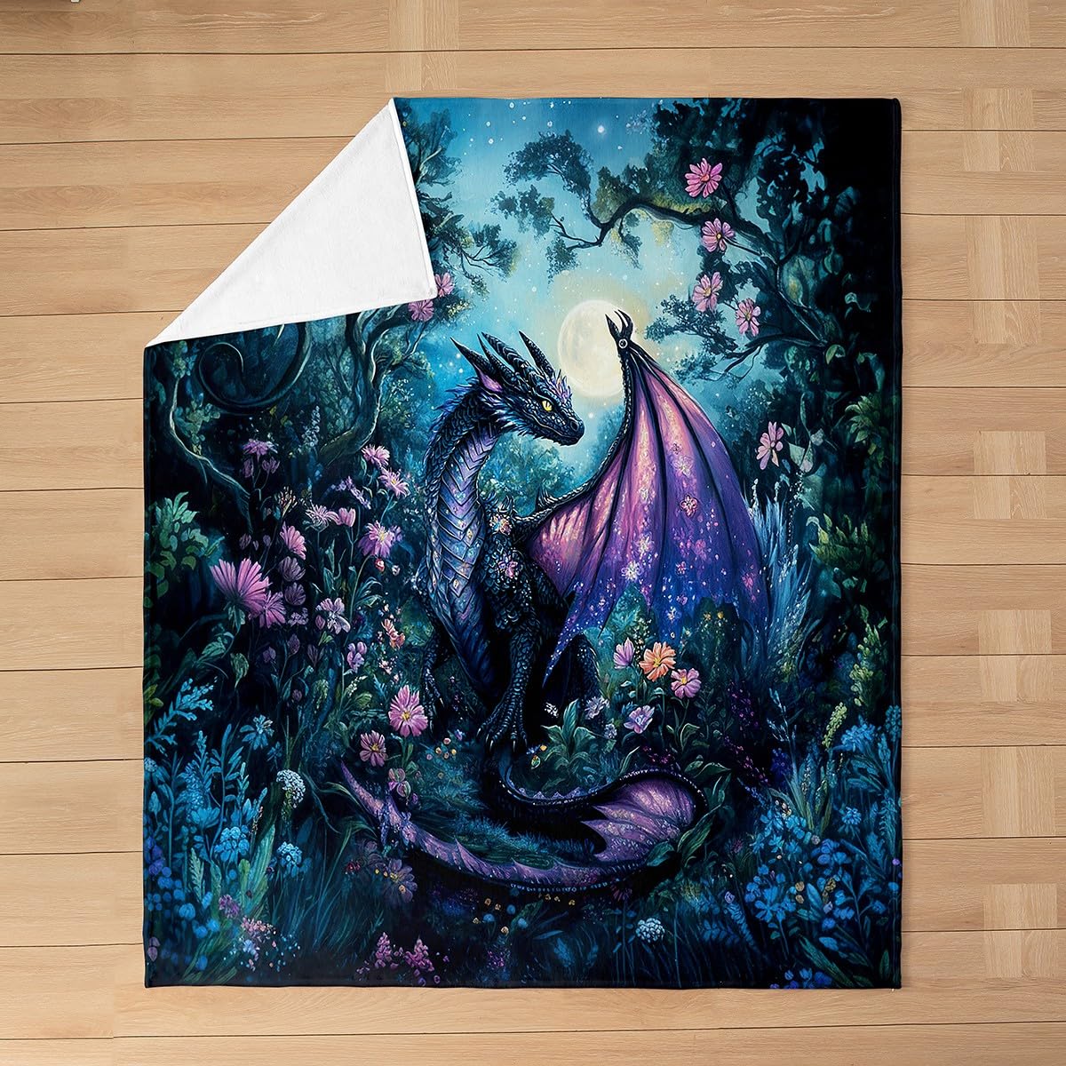 Feelyou Dragon Plush Throw Blanket Queen 90"x90" Dragon Stuff Flannel Fleece Blanket for Boys Girls Teens Wild Life All Season Bed Blanket Jungle Dragon Blanket Room Decor Balck Blue