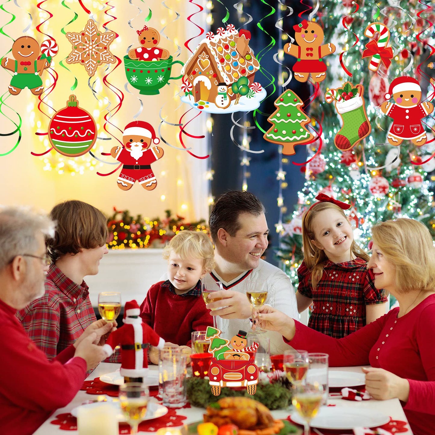 Zomiboo 53 Pcs Christmas Hanging Swirls Decorations Candy Gingerbread Man Elves Truck Red Cardinals Ceiling Decor Ornaments for Tree Xmas Holiday Party Supplies(Gingerbread)