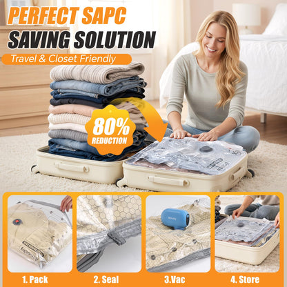 Airlocky Travel Vacuum Storage Bags with Pump, 12 Pack Carry-on Compression Packing Bags + Portable Electric Pump, 80% Space Saver of Clothes, Vacuum Seal Bags for Clothing Travel Luggage