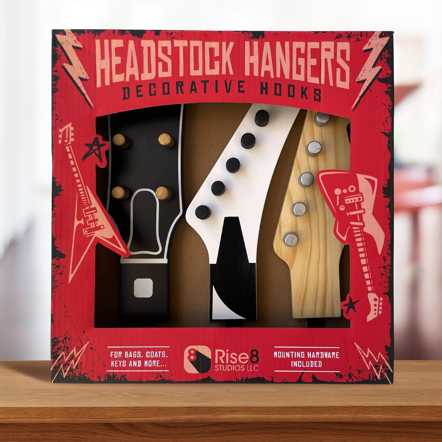 Rise8 Studios Headstock Hangers (Set of 3) | Real Wood 1:1 Scale Guitar Headstock Wall Hooks | Heavy Duty Decorative Coat Rack for Musicians, Home & Music Room Decor | Holds up to 20 lbs
