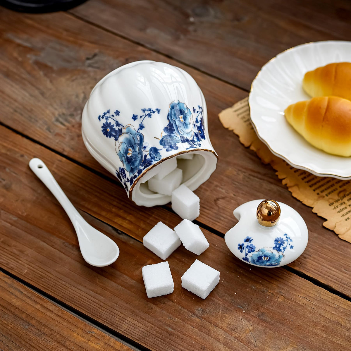 Agyiuns Ceramic Sugar and Creamer Set, 3 Piece with Cream Pitcher, Sugar Bowl with Lid and Spoon,Coffee and Tea Serving Set (White with blue flower)