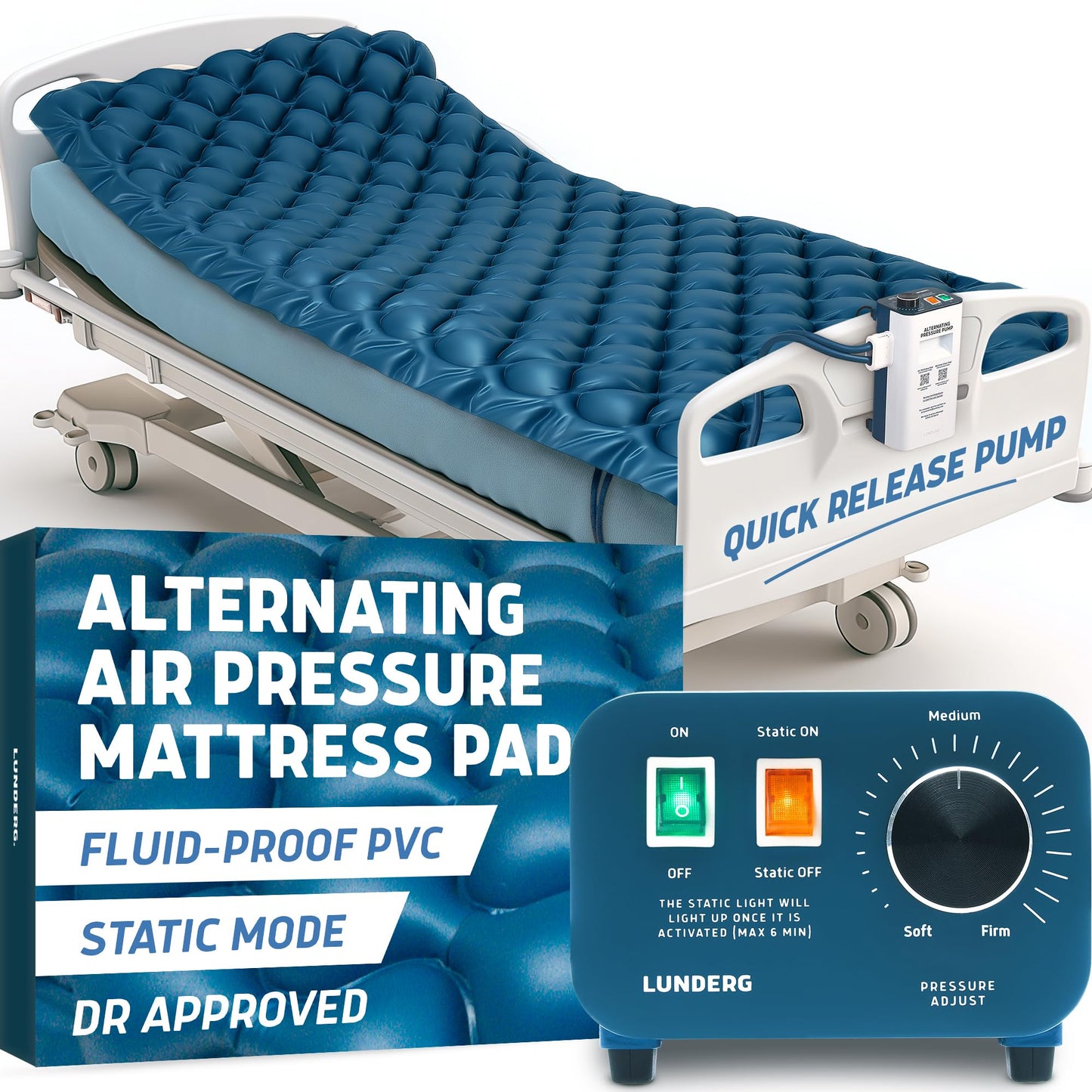Lunderg Alternating Air Pressure Mattress Pad with Static Mode - Comfortable Bed Sore Prevention - Includes Waterproof Mattress Topper for Hospital Bed or Home & Quiet Pump - Doctors Recommended
