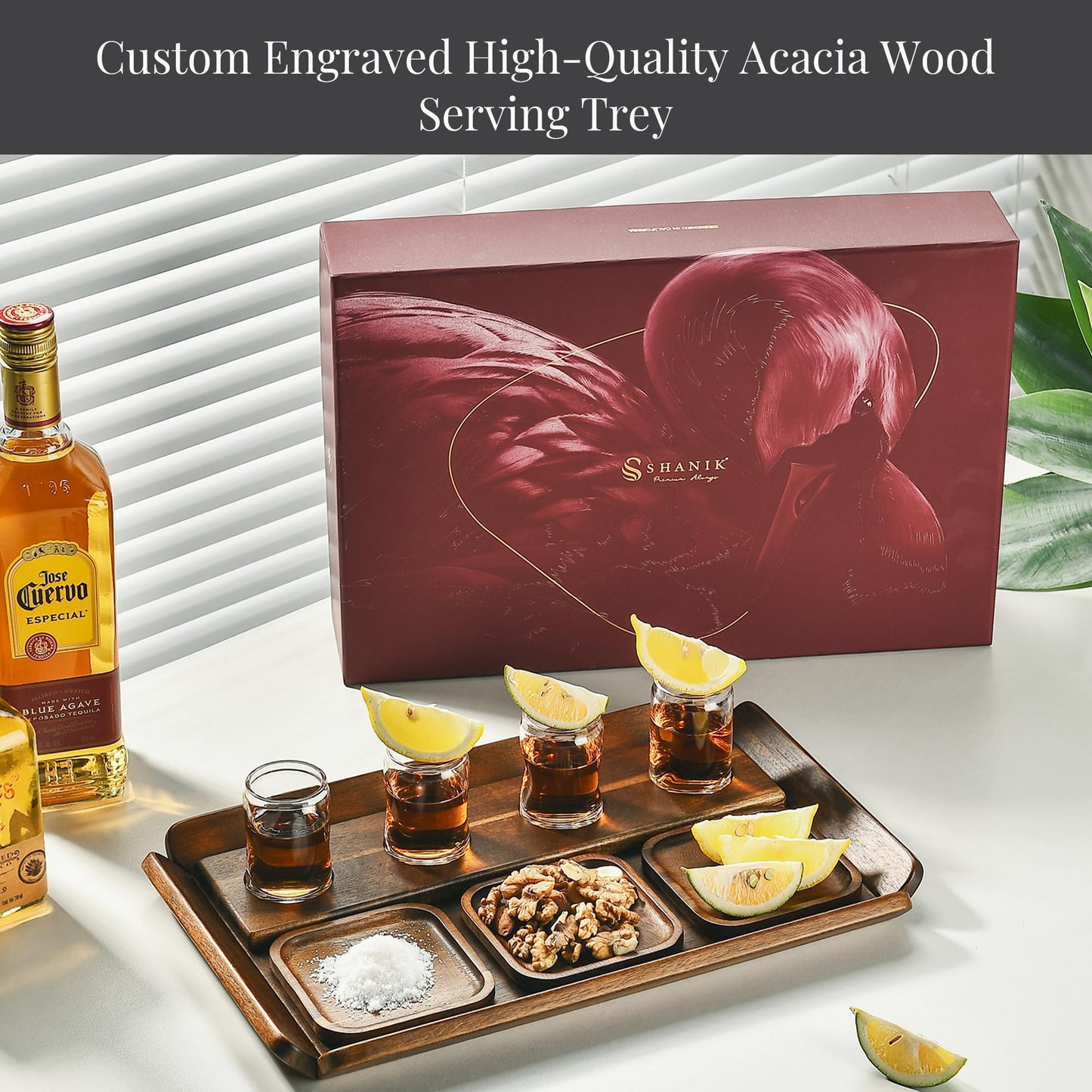 Shanik Rustic Wooden Tequila Flight Tray Set – Tasting Board with 4 Shot Glasses & Coasters, Cocktail Sampler for Parties, Home Bar, Men’s Gift, Pairing Kit