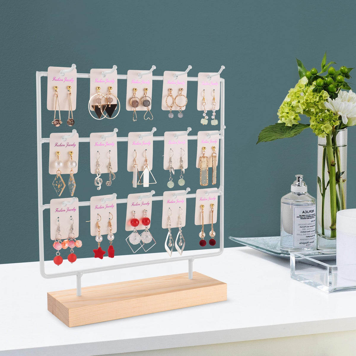 shidaishiye Earring Display Stand for Selling, Wood Earring Rack Tower Display Holder Stand (3 Tier,15 Hooks, White)