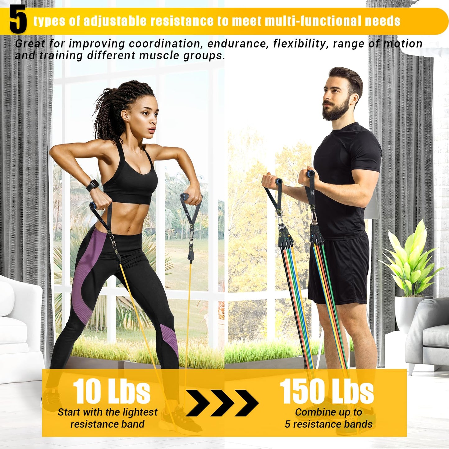 COFOF Resistance Bands Set with Handles, Exercise Bands Stackable up to 150lbs, Gym Bands with Workout Poster & Door Anchor & Ankle Straps for Fitness, Strength, Yoga, Home Gym Equipment for Men Women