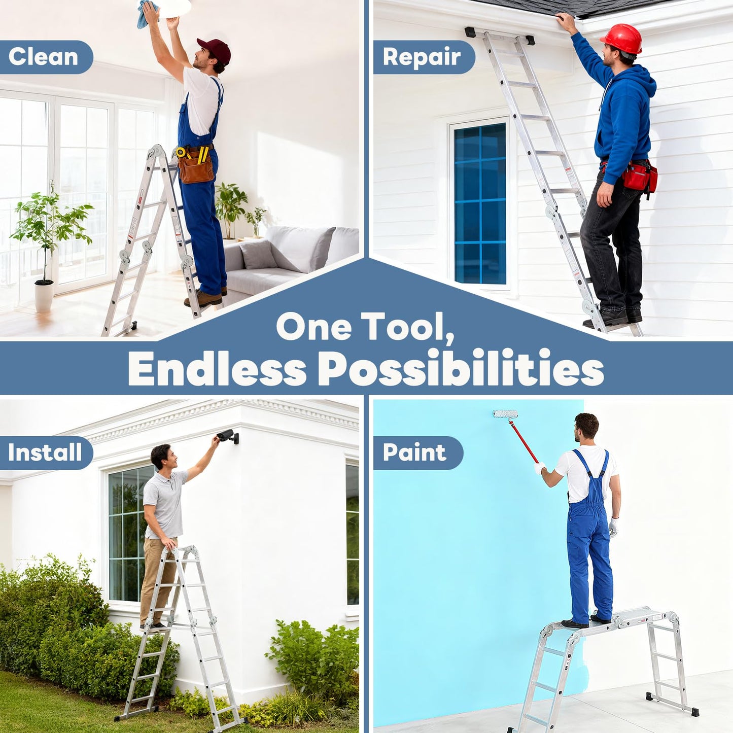 DUMOS Multi-Purpose Folding Ladder, 7 in 1 Aluminium Heavy Duty Collapsible Tall Extension Adjustable Step Ladder for Home Roof RV Work Painting Garage & Outdoor Use