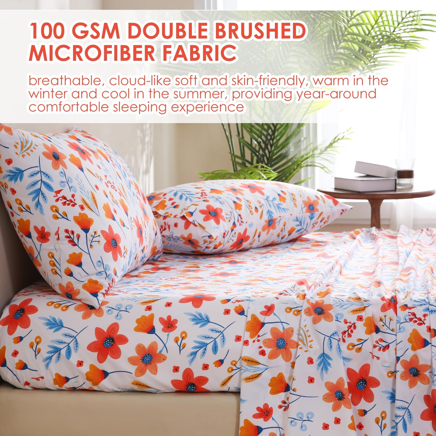 JSD Floral Printed Sheet Set Full Size, 4 Piece Spring Pattern Microfiber Bed Sheets Deep Pocket, Oeko-TEX Certified