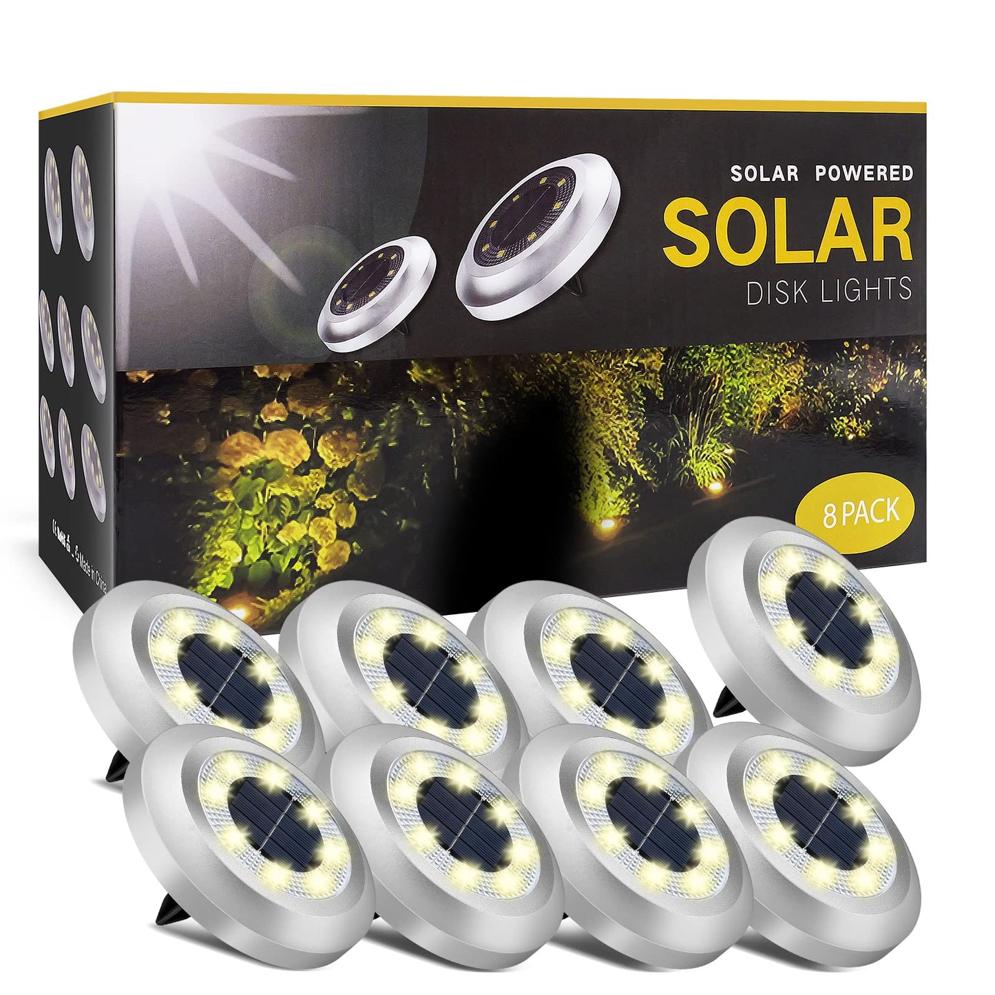 ZFITEI 8 Pack Solar Ground Lights Outdoor,8 LED Solar Garden Lights with 600mAh Battery & 8H Runtime for Lawn,Pathway（Warm White ）