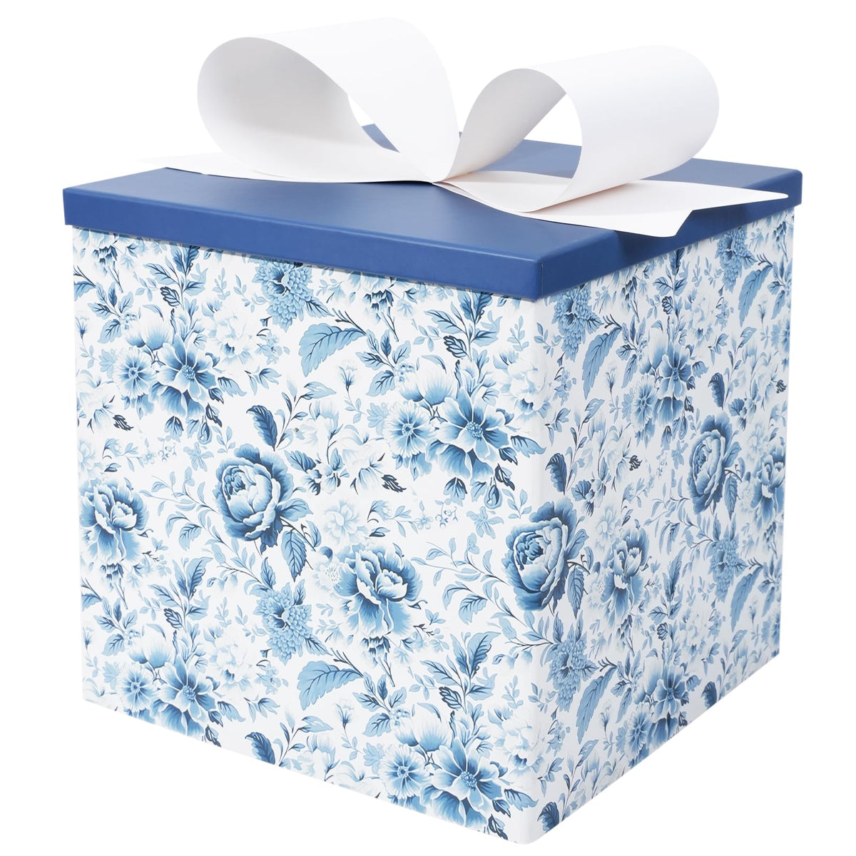 BIOBROWN Medium Gift Boxes with Lids for Presents, 9x9x9 Inches Chinoiserie Blue White Peony Floral Design Collapsible Gift Box for Mother's Day, Bridal Shower, Wedding, Birthday, Valentine's Day