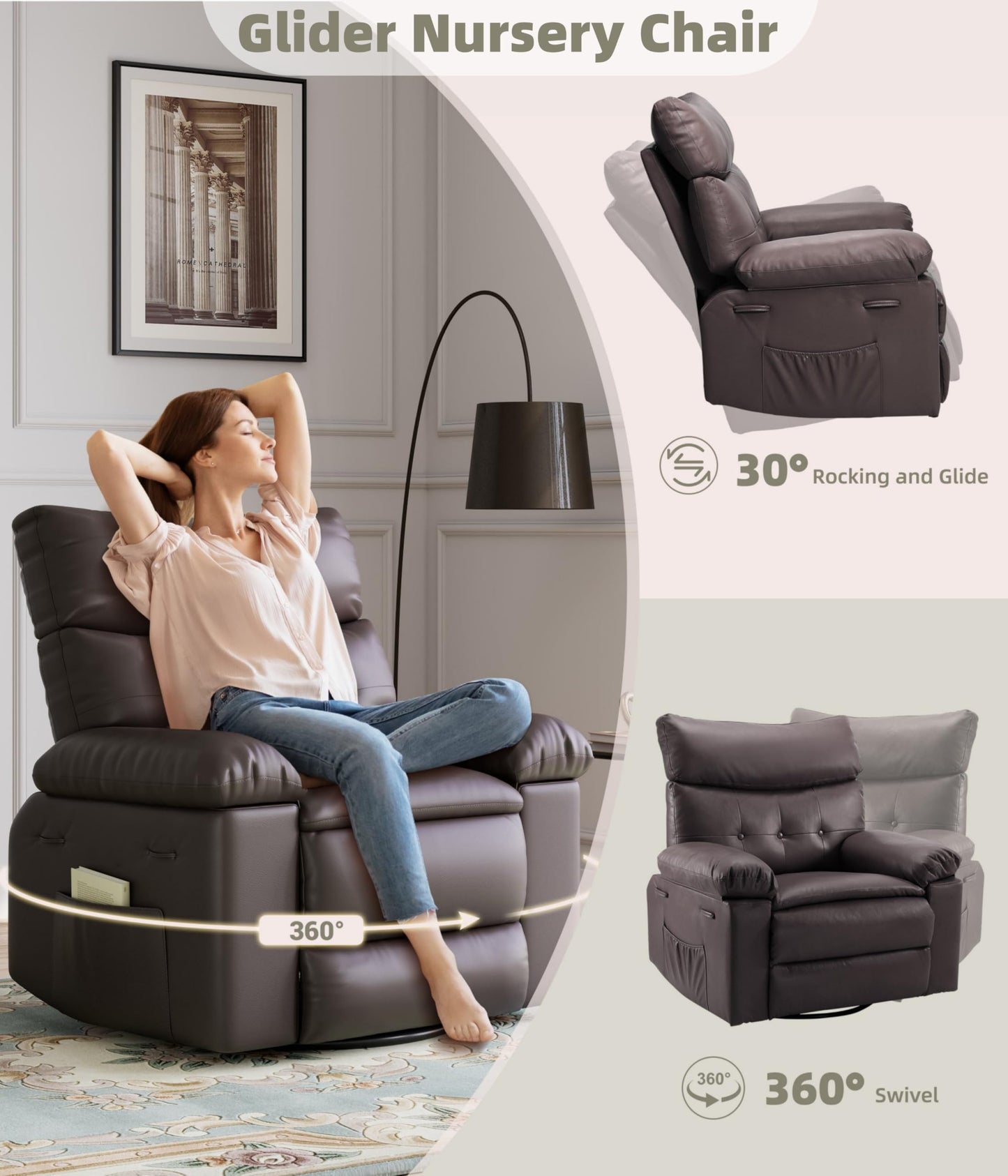 GarveeHome Oversized Leather Recliner Chair - Heat and Massage, Swivel Rocker Manual Recliner for Adults, Lazy Rocking Chair with Comfort Arms and Back Single Sofa for Living Room