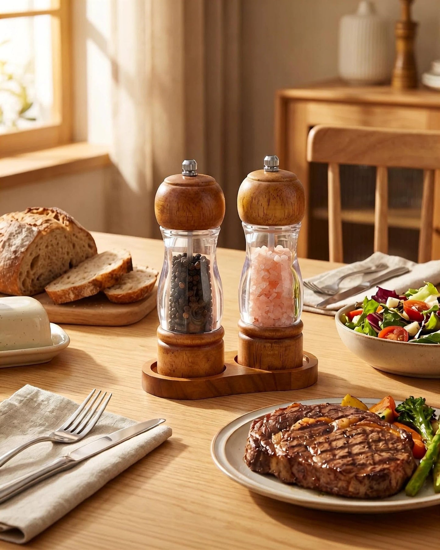 Dzmbv Wooden Salt and Pepper Grinder Set with Tray - 6.3 Inch Refillable Manual Pepper Mill & Sea Salt Grinder, Acrylic Window, Adjustable Ceramic Rotor for Peppercorns, House Warming Gifts