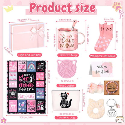 Didaey 12 Pcs Mother's Day Cat Lover Gifts for Mom Women Cute Blanket Socks Coffee Mug Cosmetic Bag Keychain Bracelet Cards Scrunchie Cats Themed Gift Set for Birthday Mom Ideas