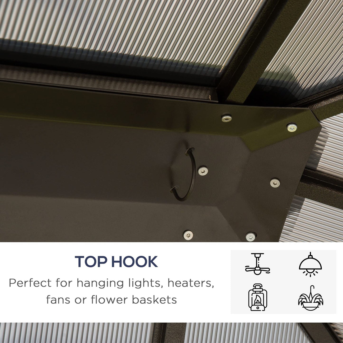 Outsunny 10' x 12' Hardtop Gazebo Canopy with Polycarbonate Roof, Aluminum Frame, Permanent Pavilion Outdoor Gazebo with Netting, for Patio, Garden, Backyard, Deck, Lawn, Dark Brown, Off-White