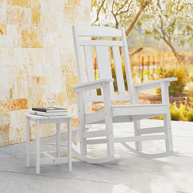 LUE BONA Outdoor Rocking Chairs Set, 3-Piece, HDPS Poly Porch Rockers with Table, Plastic Weather Resistant Rocking Chair Set for Outdoor Indoor, Garden, Backyard, 350lb,White Chairs+Table