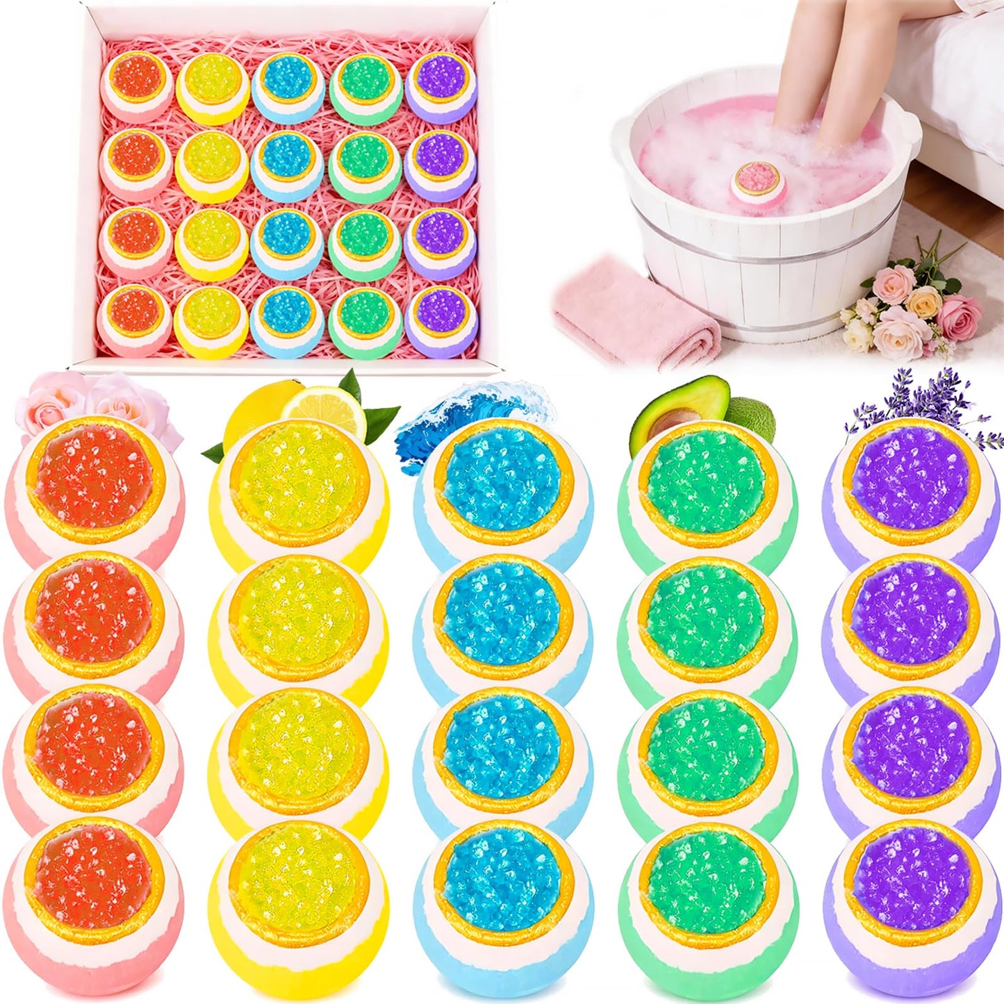 Bath Foot Bombs, 20 Pack Foot Soak with Bath Salt. Organic Natural Handmade Aroma Pure Essential Oil Bubble Foot Balls for Foot Callus, Dry Cracked, Stubborn Foot Odor Scent.