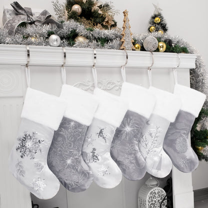 GEX Christmas Stockings 6 Pack for Family 20" Large Silver Gray Satin with Sequins Faux Fur Rhinestones Embroidered Classic Luxury Fireplace Tree Decorations Ornament for Xmas Season (Set of 6)
