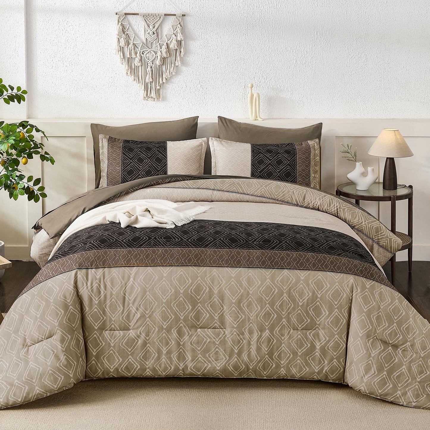Dinjoy Boho Queen Comforter Set Light Brown,7 Piece Bed in a Bag Queen Size Lightweight Striped Bedding Sets with Plaid Comforters Bed Set with Sheets for Family All Season