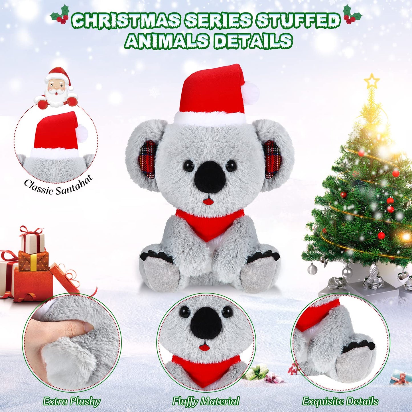 Threan 8 Inch Christmas Stuffed Animal Christmas Plush Doll with Santa Hat for Holiday Decoration Winter Gifts(Koalas Style)