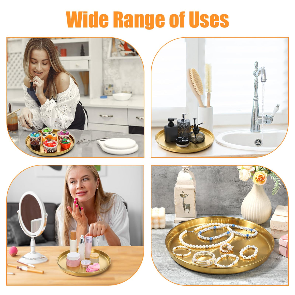 3 Pcs 12 Inch Gold Round Serving Tray, Stainless Steel Decorative Plate for Jewelry Makeup Organizer, Vanity Bathroom Coffee Table Dessert Display