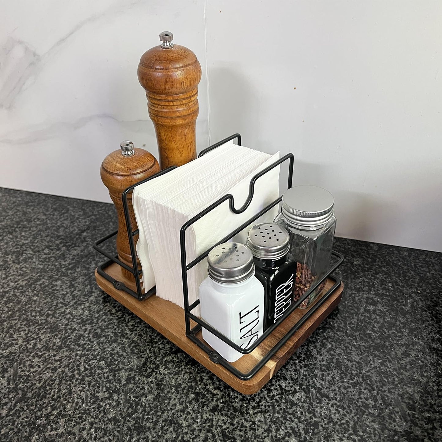 Napkin Holders for Kitchen Table, Rotating Wood Vertical Napkin Dispenser That Can Hold Salt and Pepper, Rustic Napkin Holder for Kitchen Dining Table Decor Brow Acacia