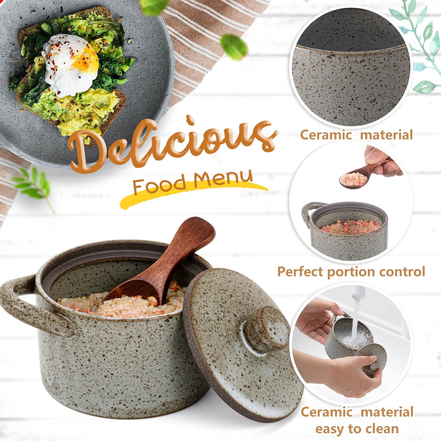 Honeydak Speckled Ceramic Salt Cellar with Lid and Wooden Spoon, Rustic Farmhouse Salt Pepper Cellar Holder for Mothers Day, Housewarming Gift, Heavyweight Spices Jar(Light Gray,1 Set)