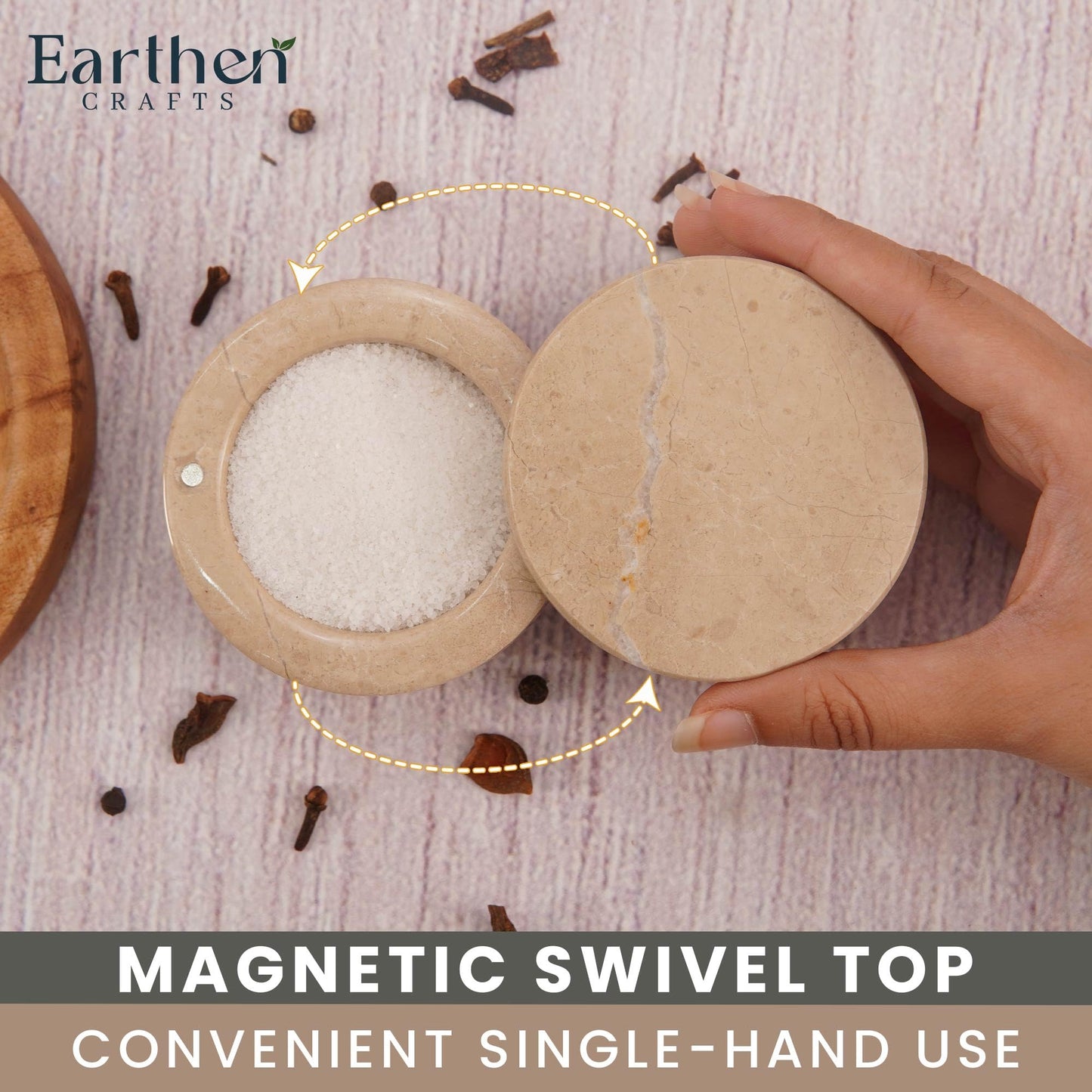 EARTHEN CRAFTS Marble Salt Cellar with Swivel Lid 3 Inch Beige Stone Mini Salt Box for Kitchen Counter with Magnetic Closure, 2.5 OZ Capacity, Ideal for Kosher Salt and Gourmet Seasonings