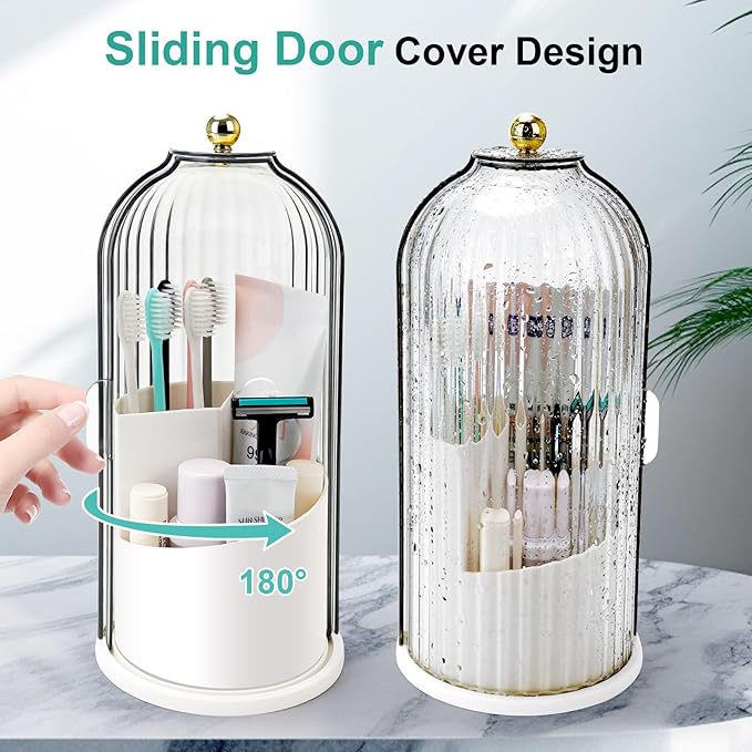 Toothbrush Holders with Sliding Lid, Rotating 3 Slots Bathroom Organizer